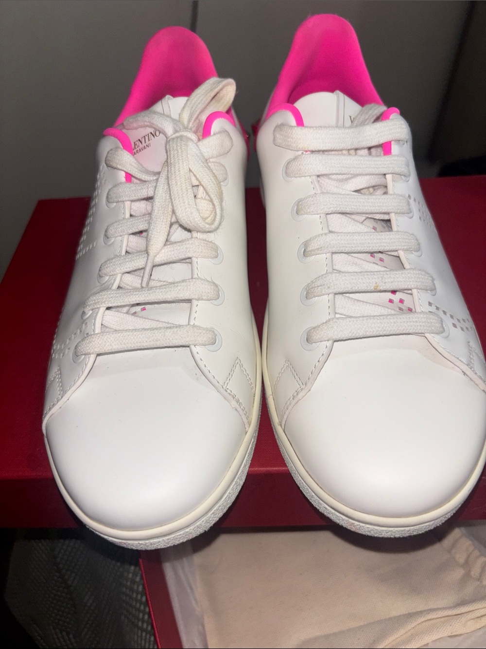 Valentino White Leather Sneakers with Hot Pink Accents